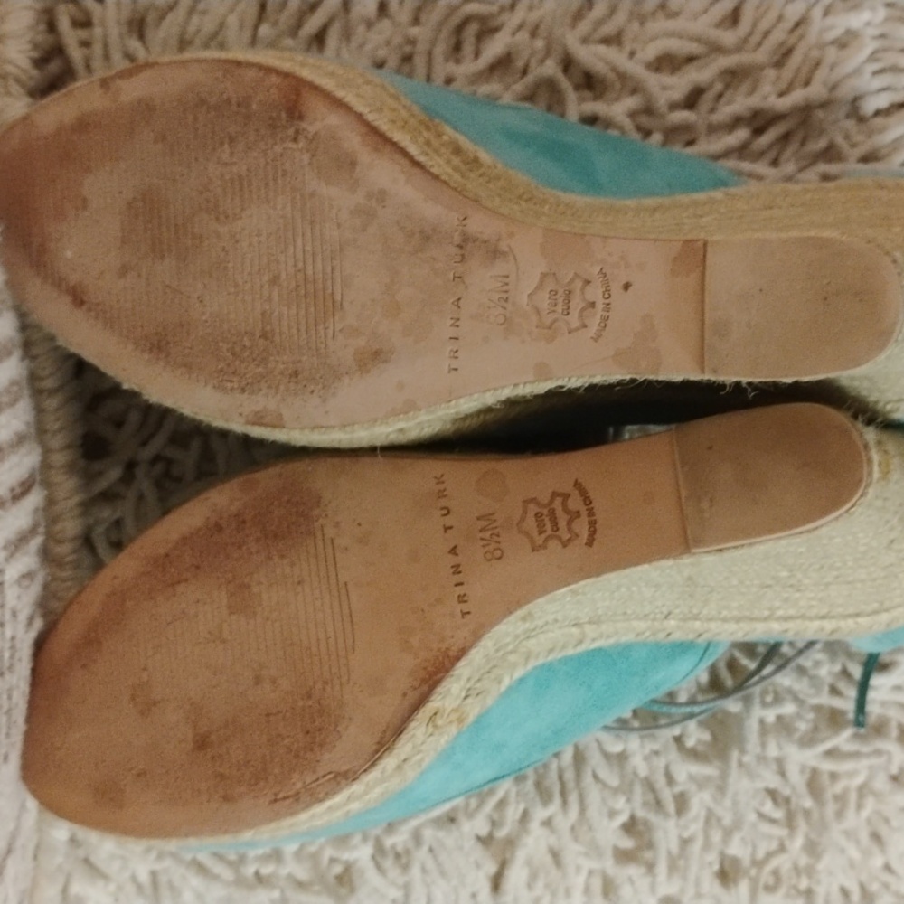Trina Turk Turquoise Suede Leather Lace up Ankle Wrap Wedge Sandals - Picture 10 of 12